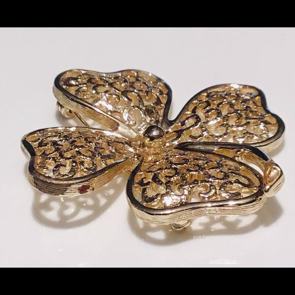 VTG Gold Plate Sarah Coventry 4-LEAF CLOVER BROOCH Pin 2” Open Metalwork Lacey - Picture 4 of 5